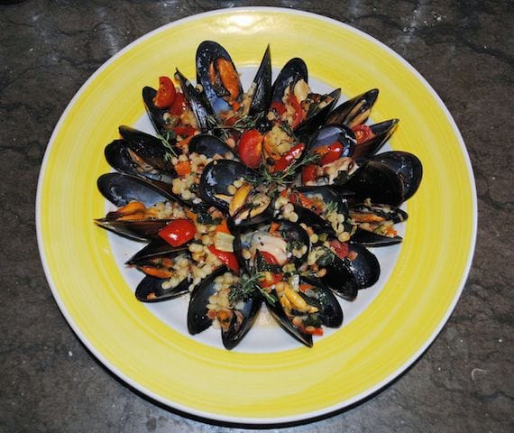 Cozze -Mussels in vermentino wine with thyme, cherry tomatoes and fregola